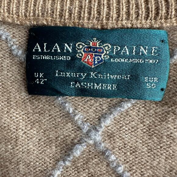 Alan Paine Great Britain 100% Cashmere Argyle Tan Crewneck Pullover Sweater L - Picture 5 of 9